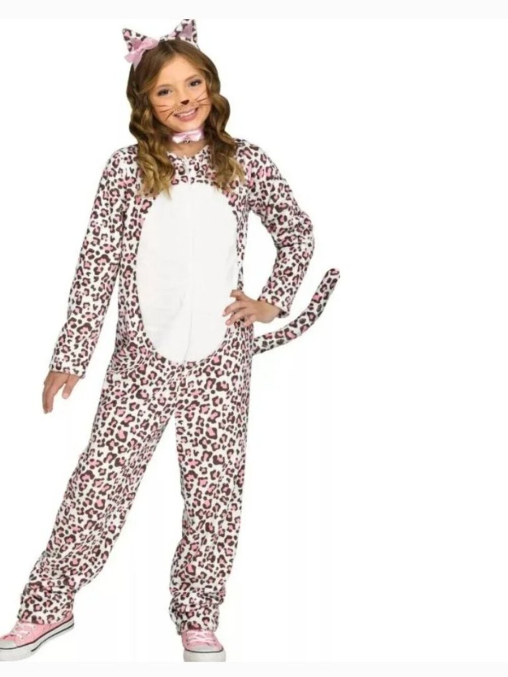 Leopard Halloween Costume 4/6 Jumpsuit Fleece White Pink Brown 3 Pc Girls